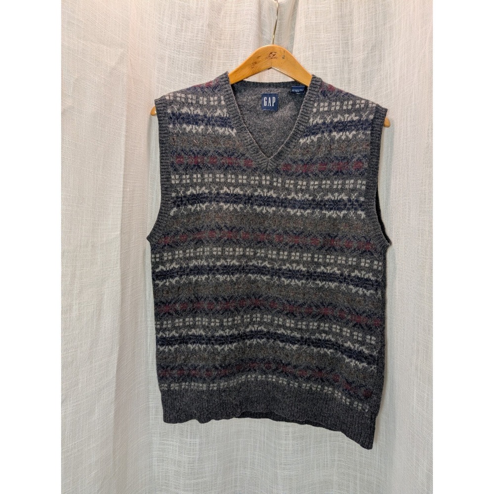 Vintage Gap Sweater Vest L Fair Isle V Neck Dark Gray 100% Lambswool 90's